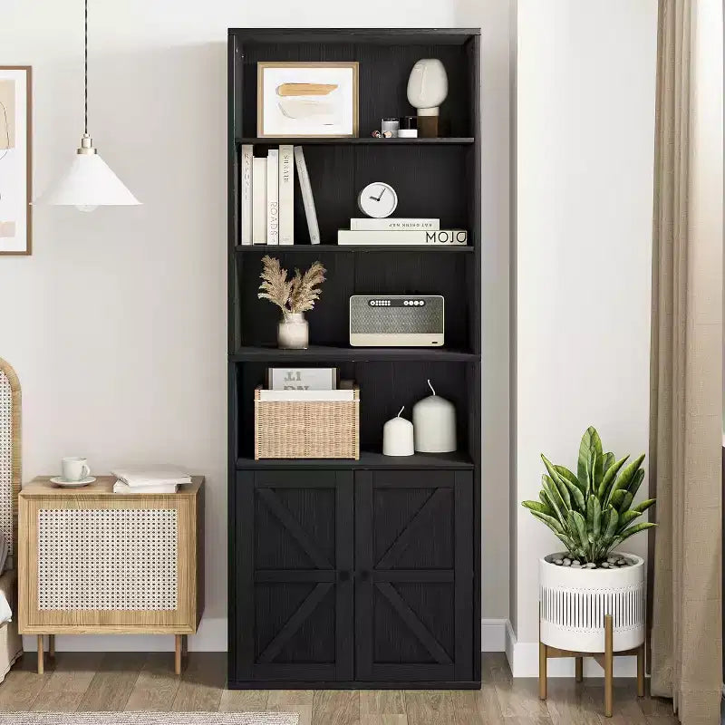Industrial Black Bookcase with Doors, 5-Shelf Storage, 11.8in Depth, 71.4in Tall, for Bedroom/Living Room/Office
