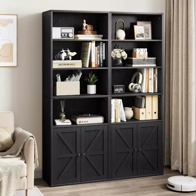 Industrial Black Bookcase with Doors, 5-Shelf Storage, 11.8in Depth, 71.4in Tall, for Bedroom/Living Room/Office