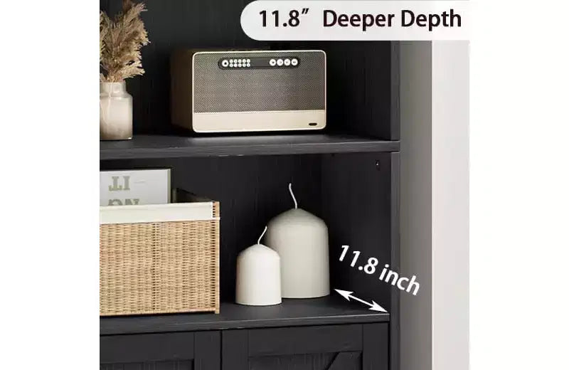 Industrial Black Bookcase with Doors, 5-Shelf Storage, 11.8in Depth, 71.4in Tall, for Bedroom/Living Room/Office