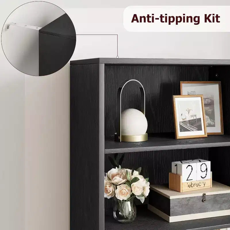 Industrial Black Bookcase with Doors, 5-Shelf Storage, 11.8in Depth, 71.4in Tall, for Bedroom/Living Room/Office