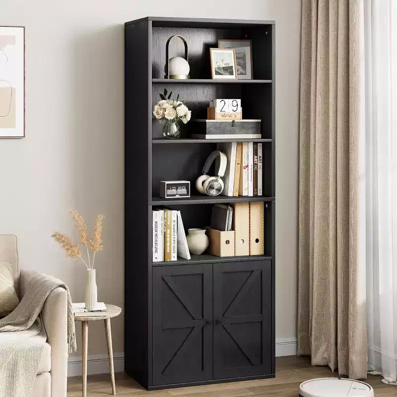 Industrial Black Bookcase with Doors, 5-Shelf Storage, 11.8in Depth, 71.4in Tall, for Bedroom/Living Room/Office