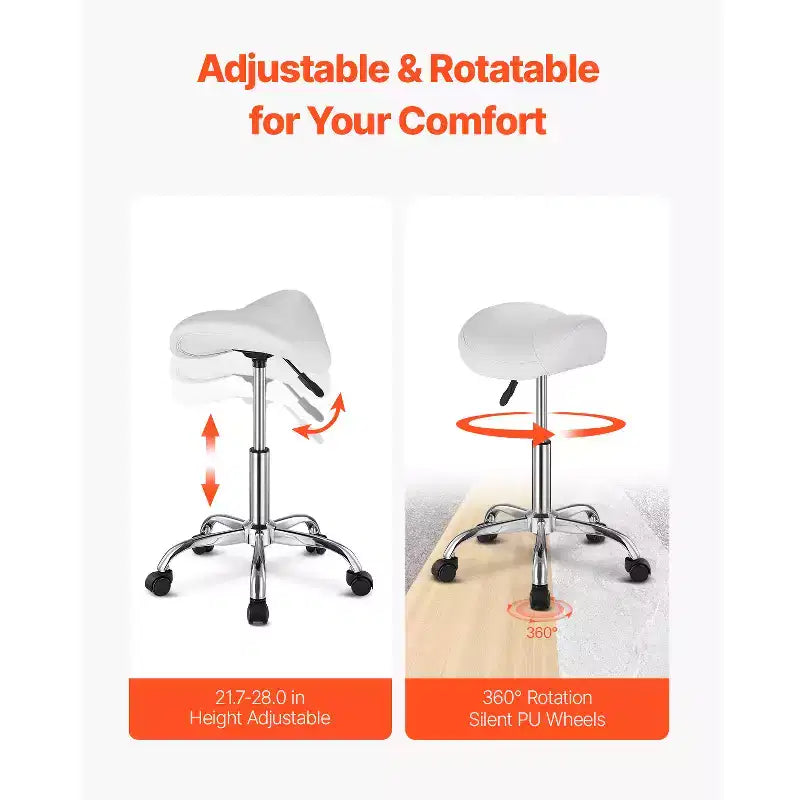 VEVOR Saddle Stool with Wheels, 450 LBS Weight Capacity Ergonomic Rolling Stool, Height Adjustable Thickened PU Leather Swivel Saddle Chair, White