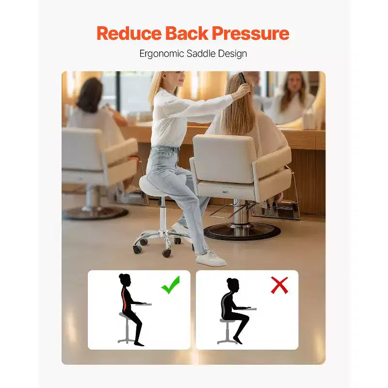 VEVOR Saddle Stool with Wheels, 450 LBS Weight Capacity Ergonomic Rolling Stool, Height Adjustable Thickened PU Leather Swivel Saddle Chair, White