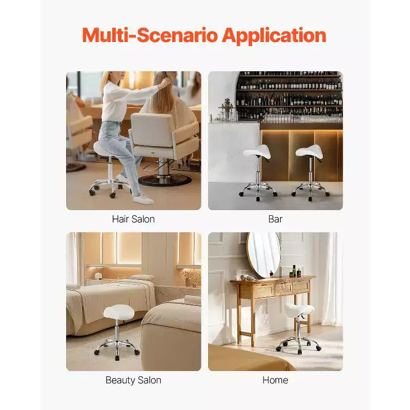 VEVOR Saddle Stool with Wheels, 450 LBS Weight Capacity Ergonomic Rolling Stool, Height Adjustable Thickened PU Leather Swivel Saddle Chair, White