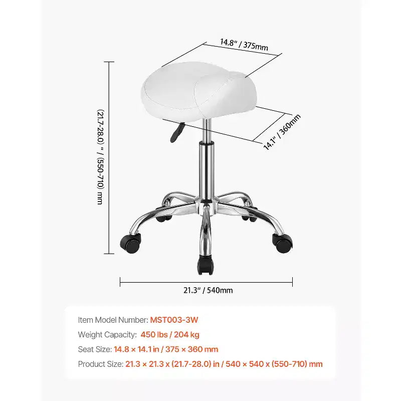 VEVOR Saddle Stool with Wheels, 450 LBS Weight Capacity Ergonomic Rolling Stool, Height Adjustable Thickened PU Leather Swivel Saddle Chair, White