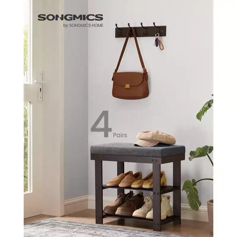 3-Tier Bamboo Shoe Bench - Entryway Organizer with Padded Seat (300 lb Capacity) & 2 Shelves, Rustic Walnut and Slate Gray