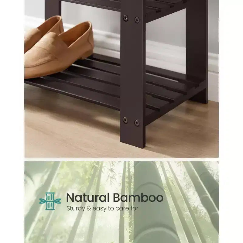 3-Tier Bamboo Shoe Bench - Entryway Organizer with Padded Seat (300 lb Capacity) & 2 Shelves, Rustic Walnut and Slate Gray