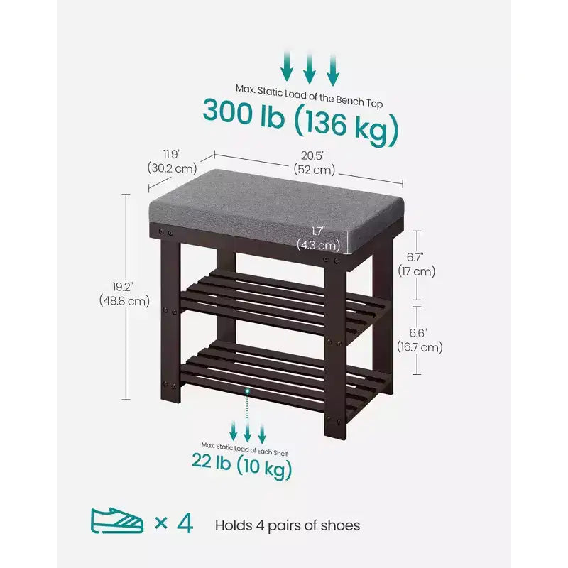 3-Tier Bamboo Shoe Bench - Entryway Organizer with Padded Seat (300 lb Capacity) & 2 Shelves, Rustic Walnut and Slate Gray