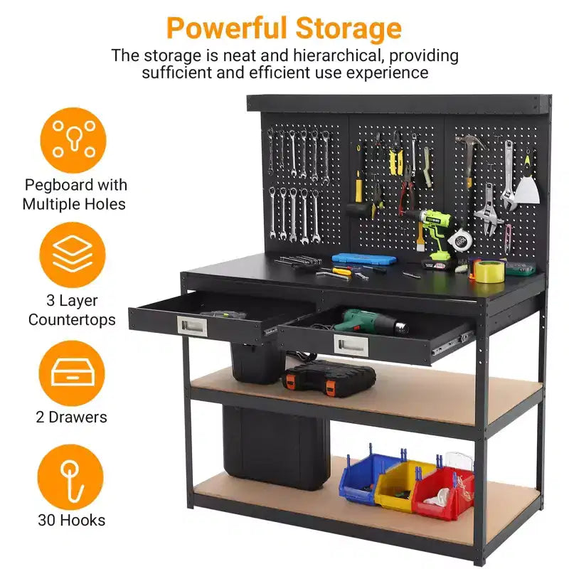 3-Tier Metal Workbench with 2 Drawers, 1000 LBS Capacity - Workshop Workstation with Pegboard & ETL-Certified Power Outlets