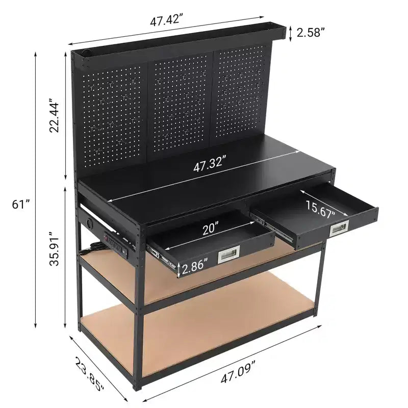 3-Tier Metal Workbench with 2 Drawers, 1000 LBS Capacity - Workshop Workstation with Pegboard & ETL-Certified Power Outlets