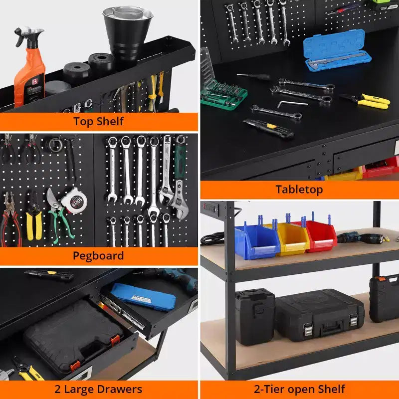 3-Tier Metal Workbench with 2 Drawers, 1000 LBS Capacity - Workshop Workstation with Pegboard & ETL-Certified Power Outlets