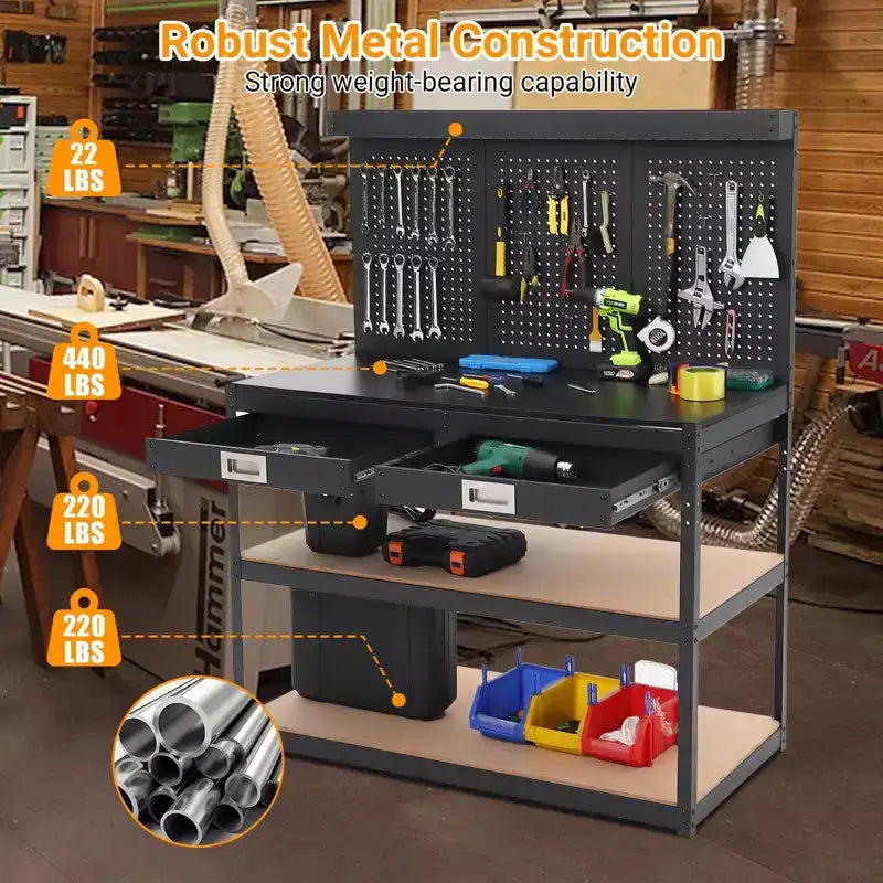 3-Tier Metal Workbench with 2 Drawers, 1000 LBS Capacity - Workshop Workstation with Pegboard & ETL-Certified Power Outlets