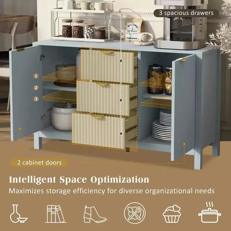 Okak Wave Design Sideboard Buffet, Storage Cabinet with Soft-Close Doors & 3 Drawers, Console Table for Kitchen Living Room Study
