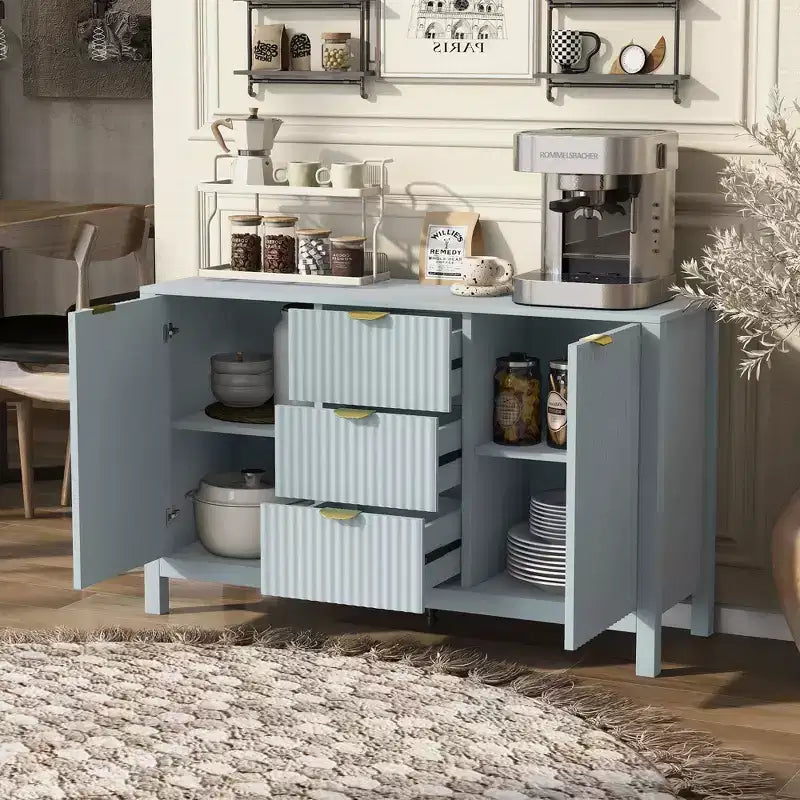 Okak Wave Design Sideboard Buffet, Storage Cabinet with Soft-Close Doors & 3 Drawers, Console Table for Kitchen Living Room Study