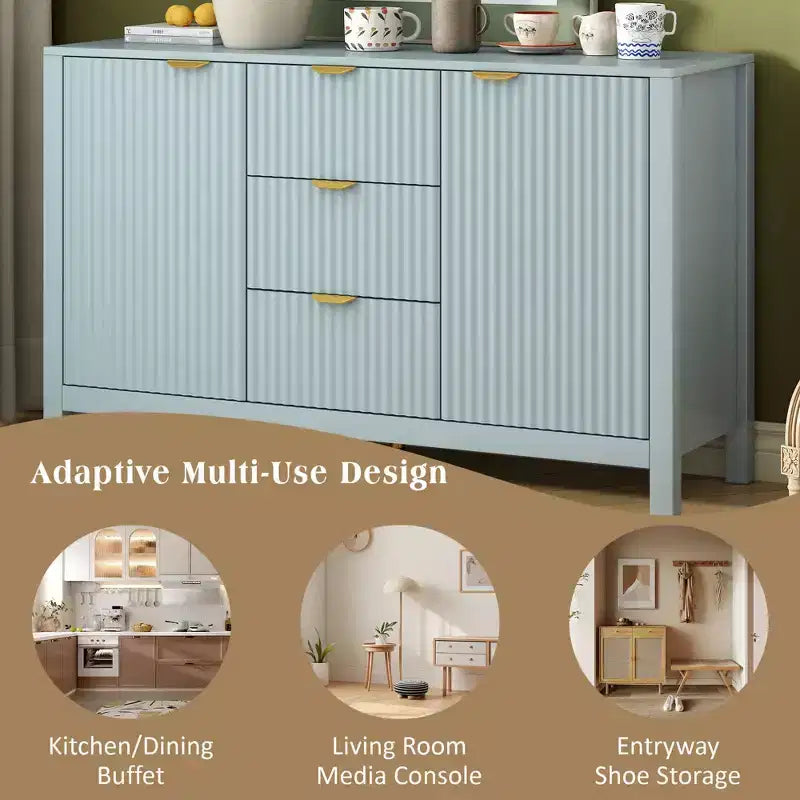 Okak Wave Design Sideboard Buffet, Storage Cabinet with Soft-Close Doors & 3 Drawers, Console Table for Kitchen Living Room Study
