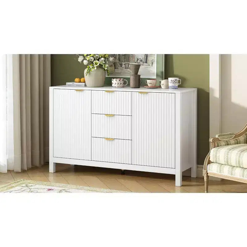 Okak Wave Design Sideboard Buffet, Storage Cabinet with Soft-Close Doors & 3 Drawers, Console Table for Kitchen Living Room Study
