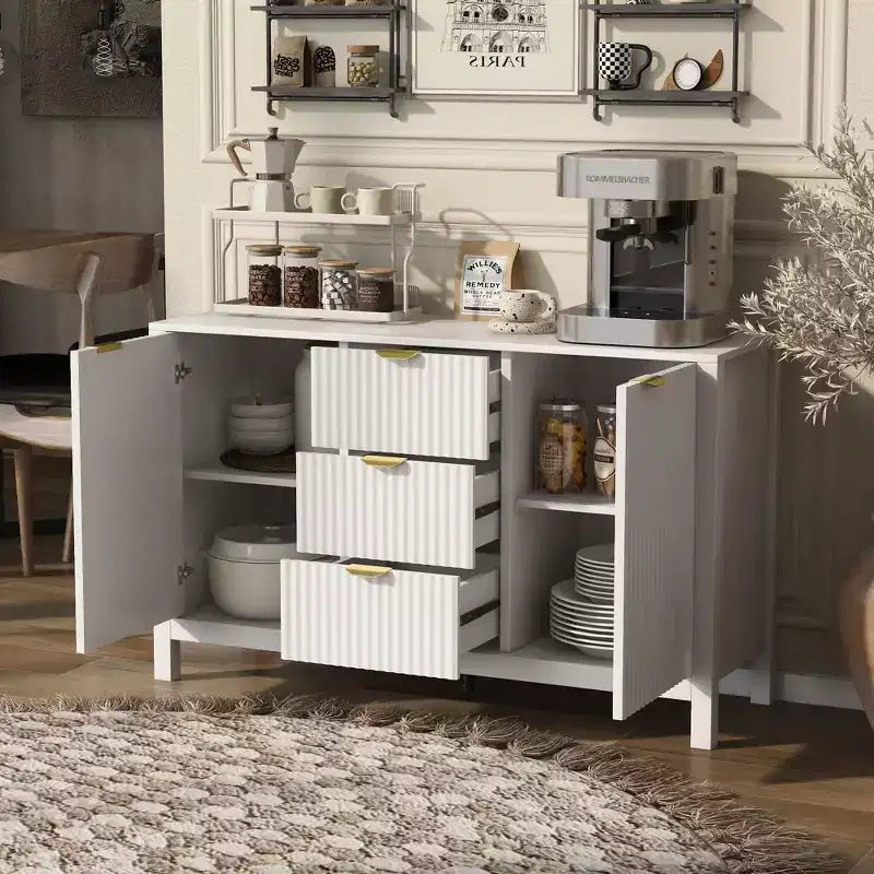 Okak Wave Design Sideboard Buffet, Storage Cabinet with Soft-Close Doors & 3 Drawers, Console Table for Kitchen Living Room Study