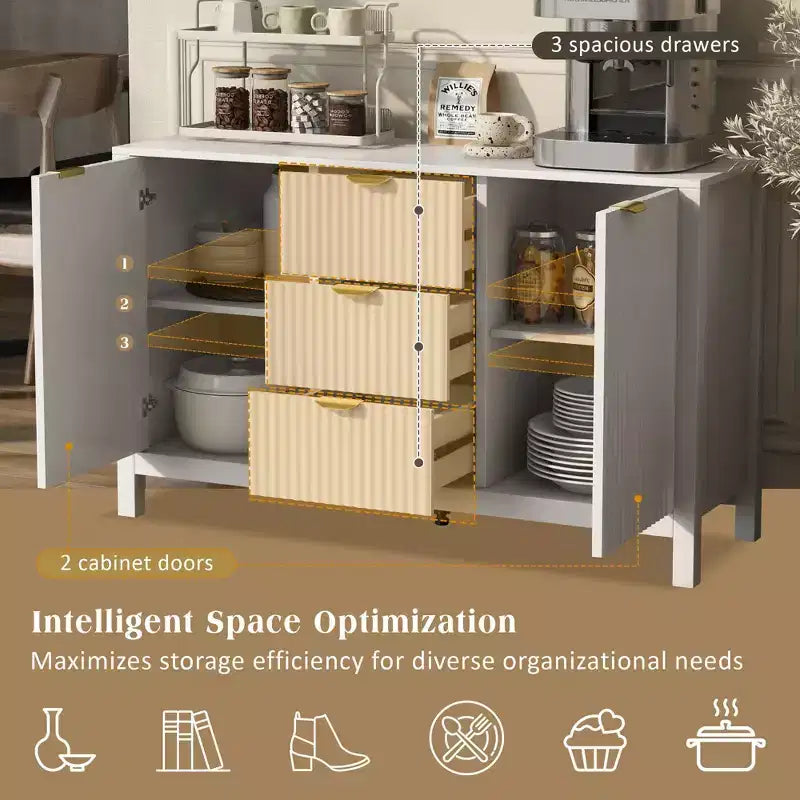 Okak Wave Design Sideboard Buffet, Storage Cabinet with Soft-Close Doors & 3 Drawers, Console Table for Kitchen Living Room Study