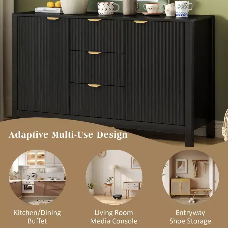 Okak Wave Design Sideboard Buffet, Storage Cabinet with Soft-Close Doors & 3 Drawers, Console Table for Kitchen Living Room Study