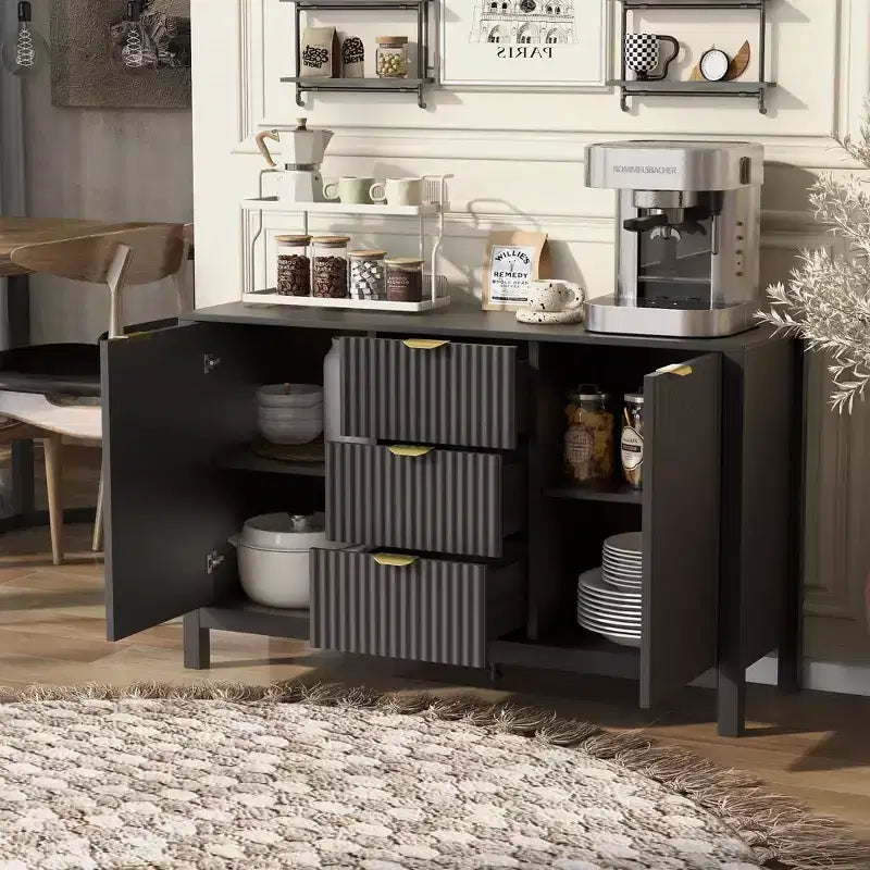 Okak Wave Design Sideboard Buffet, Storage Cabinet with Soft-Close Doors & 3 Drawers, Console Table for Kitchen Living Room Study