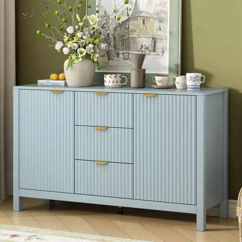 Okak Wave Design Sideboard Buffet, Storage Cabinet with Soft-Close Doors & 3 Drawers, Console Table for Kitchen Living Room Study