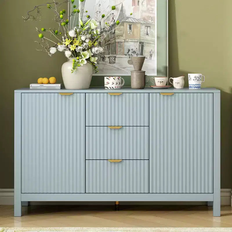 Okak Wave Design Sideboard Buffet, Storage Cabinet with Soft-Close Doors & 3 Drawers, Console Table for Kitchen Living Room Study