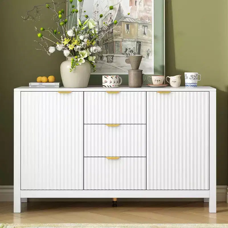 Okak Wave Design Sideboard Buffet, Storage Cabinet with Soft-Close Doors & 3 Drawers, Console Table for Kitchen Living Room Study