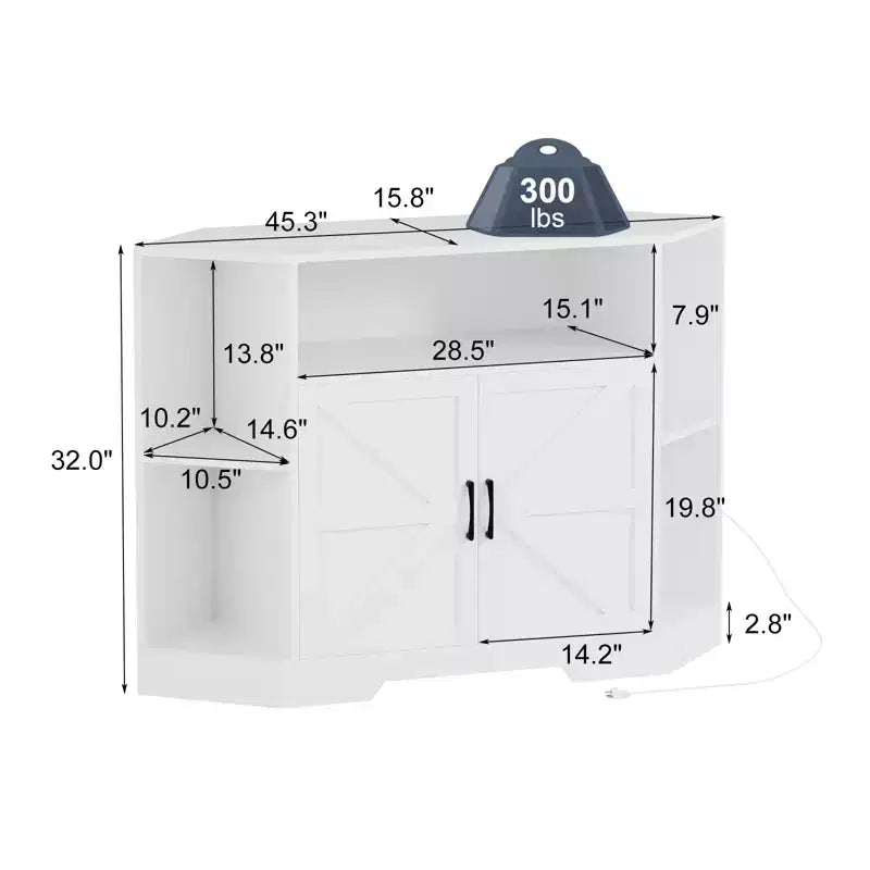 Meuble TV d'angle pour téléviseurs jusqu'à 55 pouces avec prise de courant, Meuble TV d'angle de style rustique avec placards de rangement et étagères, Meuble TV moderne