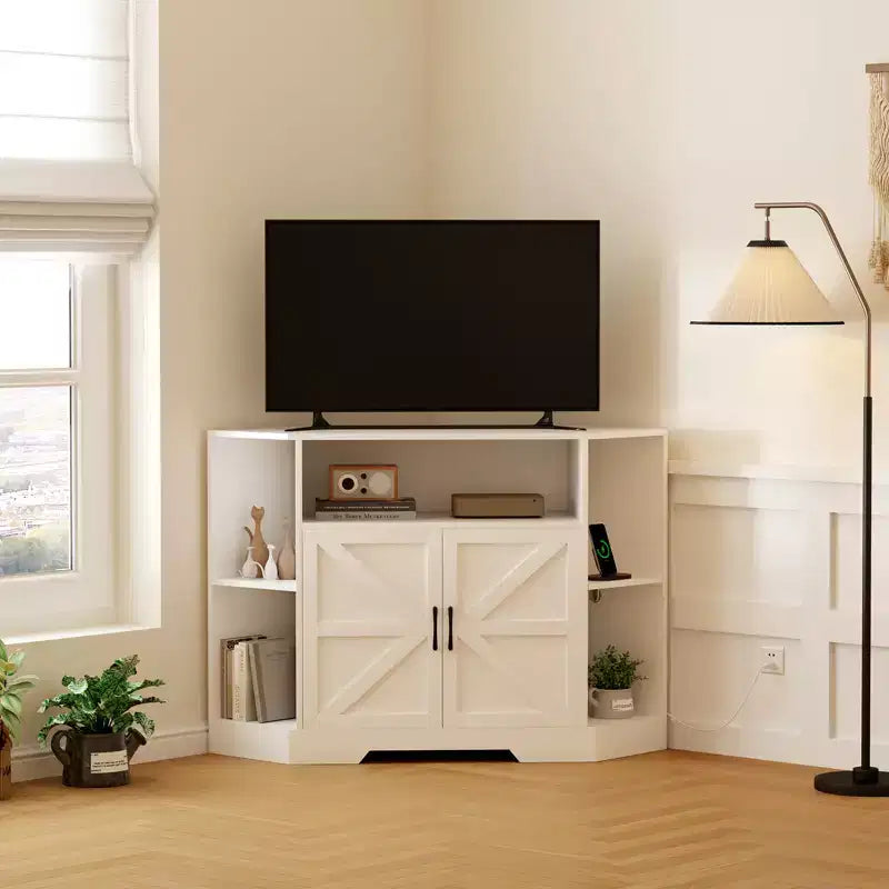 Meuble TV d'angle pour téléviseurs jusqu'à 55 pouces avec prise de courant, Meuble TV d'angle de style rustique avec placards de rangement et étagères, Meuble TV moderne