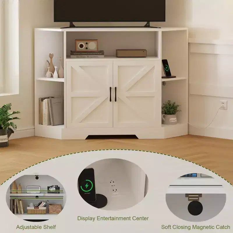Meuble TV d'angle pour téléviseurs jusqu'à 55 pouces avec prise de courant, Meuble TV d'angle de style rustique avec placards de rangement et étagères, Meuble TV moderne