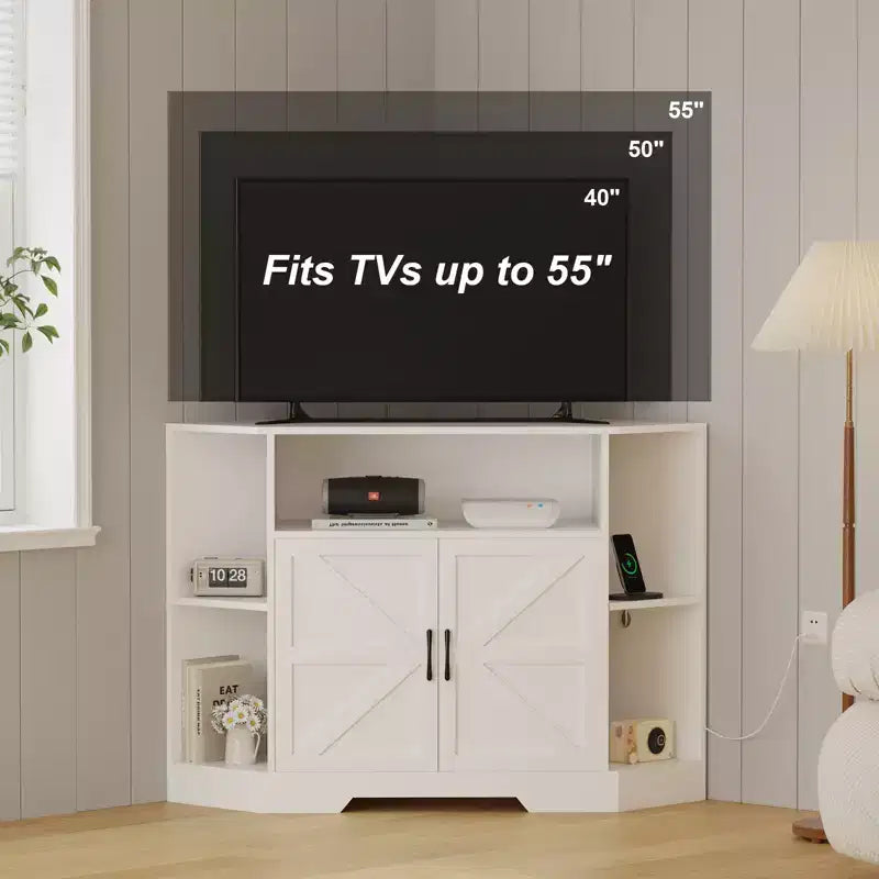Meuble TV d'angle pour téléviseurs jusqu'à 55 pouces avec prise de courant, Meuble TV d'angle de style rustique avec placards de rangement et étagères, Meuble TV moderne