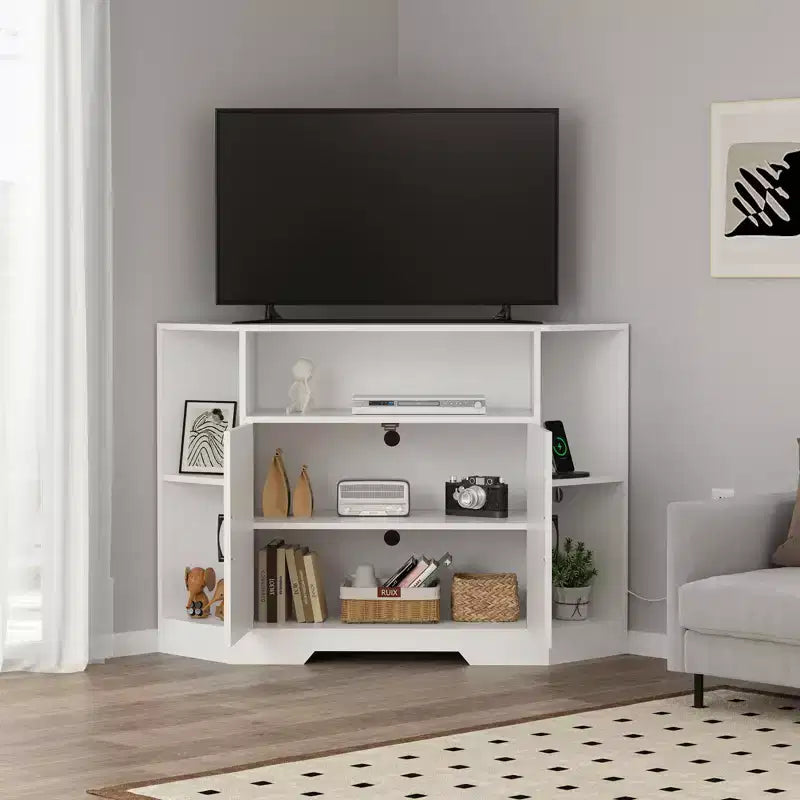 Meuble TV d'angle pour téléviseurs jusqu'à 55 pouces avec prise de courant, Meuble TV d'angle de style rustique avec placards de rangement et étagères, Meuble TV moderne
