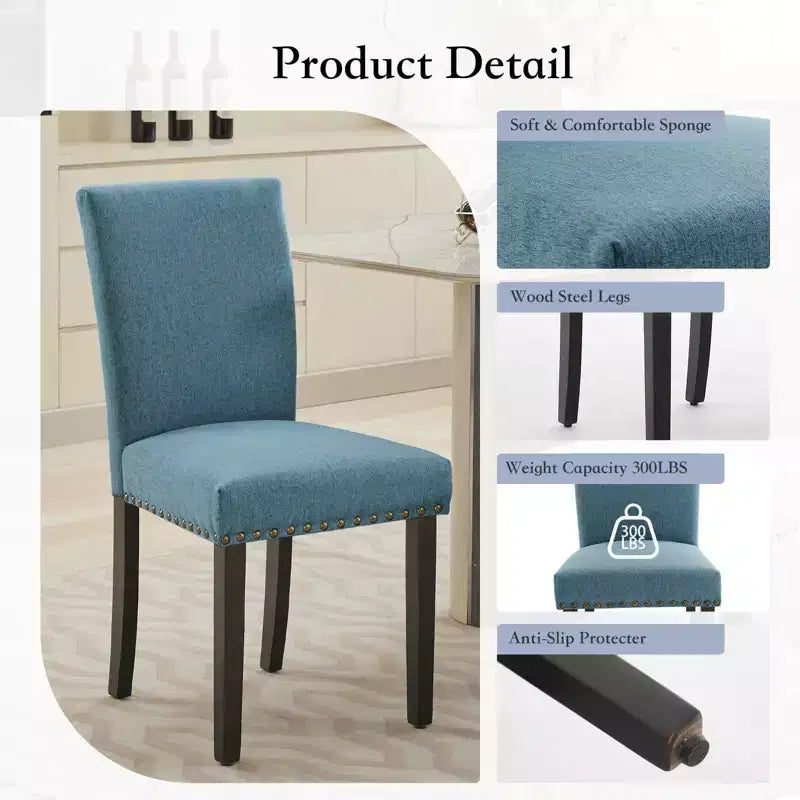 Fabric Upholstered Dining Chairs Set of 2, Modern Parsons Kitchen Chairs with Nailhead Trim and Wood Legs, Padded Accent Chairs