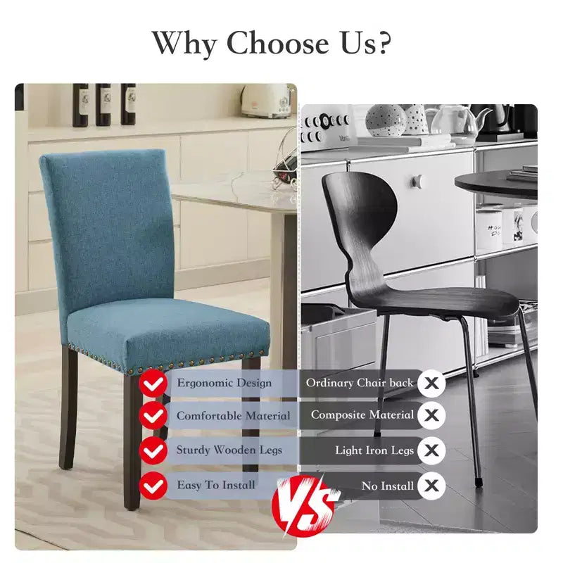 Fabric Upholstered Dining Chairs Set of 2, Modern Parsons Kitchen Chairs with Nailhead Trim and Wood Legs, Padded Accent Chairs