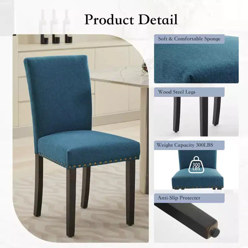 Fabric Upholstered Dining Chairs Set of 2, Modern Parsons Kitchen Chairs with Nailhead Trim and Wood Legs, Padded Accent Chairs
