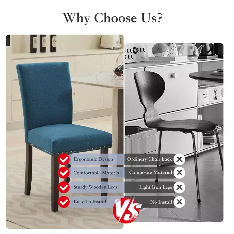 Fabric Upholstered Dining Chairs Set of 2, Modern Parsons Kitchen Chairs with Nailhead Trim and Wood Legs, Padded Accent Chairs