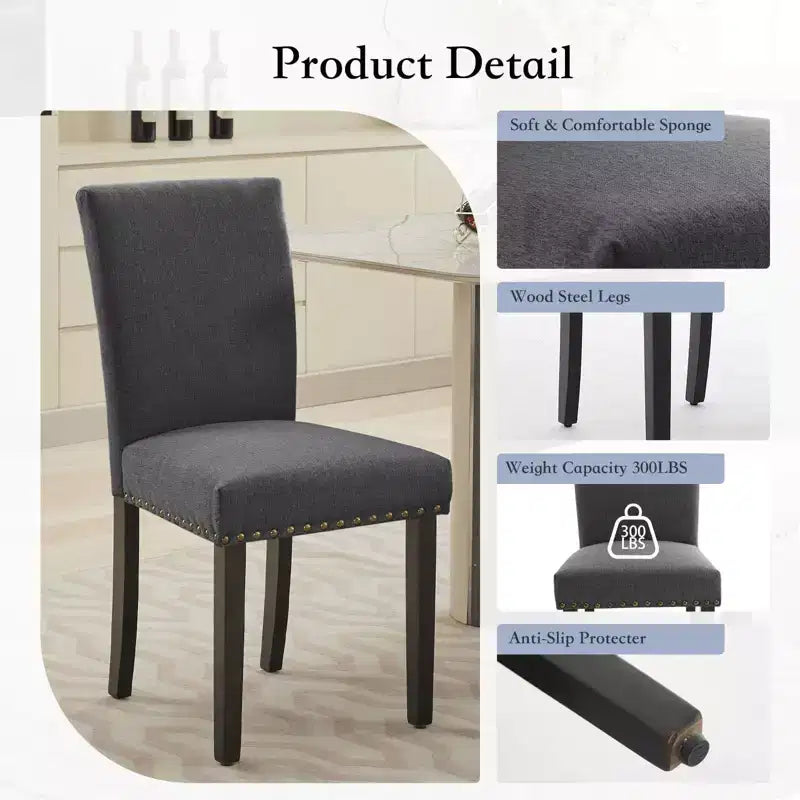 Fabric Upholstered Dining Chairs Set of 2, Modern Parsons Kitchen Chairs with Nailhead Trim and Wood Legs, Padded Accent Chairs