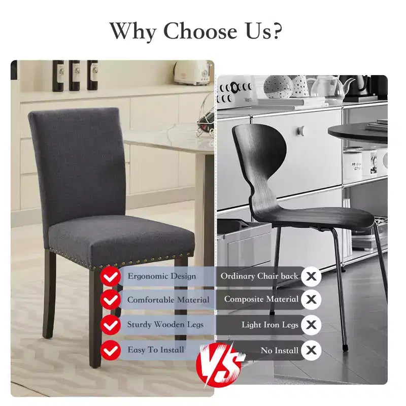 Fabric Upholstered Dining Chairs Set of 2, Modern Parsons Kitchen Chairs with Nailhead Trim and Wood Legs, Padded Accent Chairs