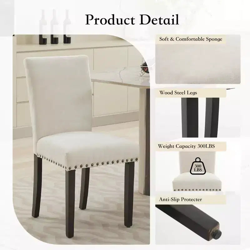 Fabric Upholstered Dining Chairs Set of 2, Modern Parsons Kitchen Chairs with Nailhead Trim and Wood Legs, Padded Accent Chairs