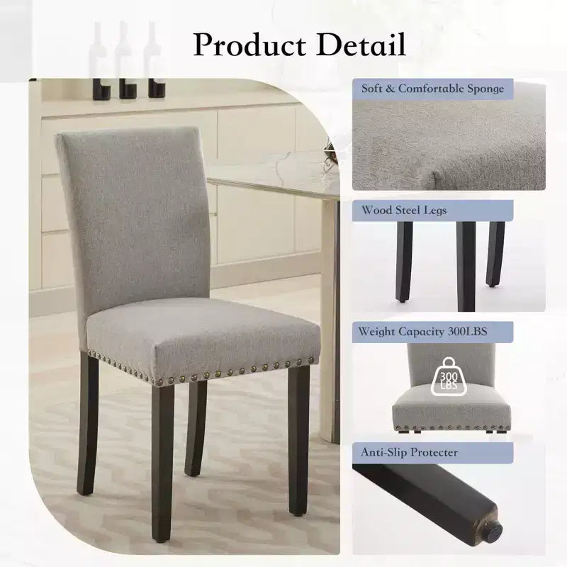 Fabric Upholstered Dining Chairs Set of 2, Modern Parsons Kitchen Chairs with Nailhead Trim and Wood Legs, Padded Accent Chairs