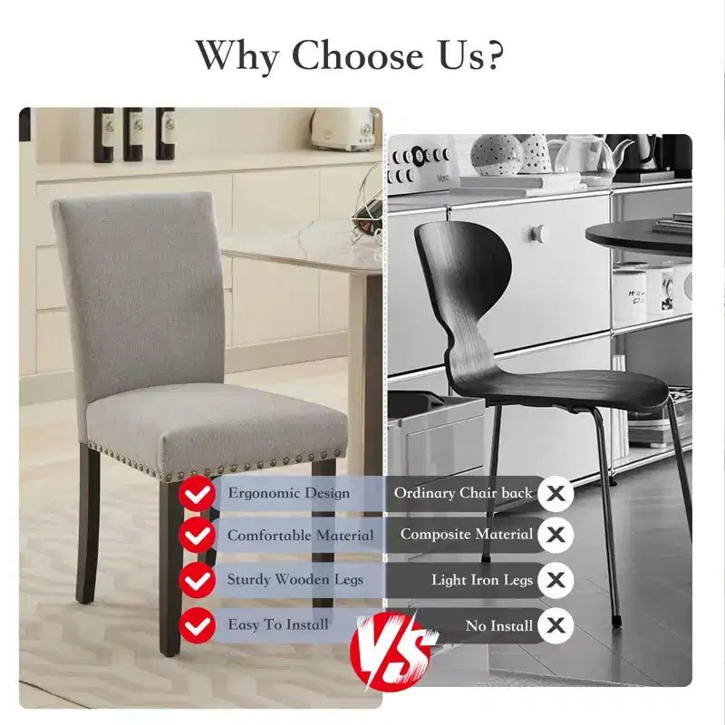 Fabric Upholstered Dining Chairs Set of 2, Modern Parsons Kitchen Chairs with Nailhead Trim and Wood Legs, Padded Accent Chairs