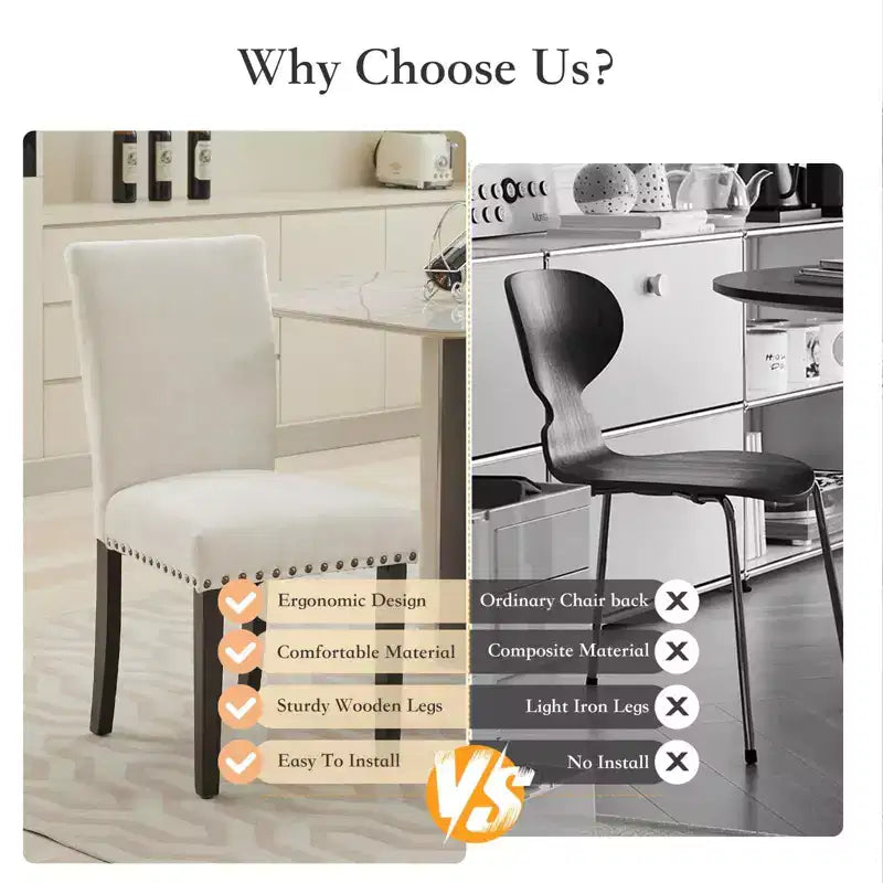 Fabric Upholstered Dining Chairs Set of 2, Modern Parsons Kitchen Chairs with Nailhead Trim and Wood Legs, Padded Accent Chairs