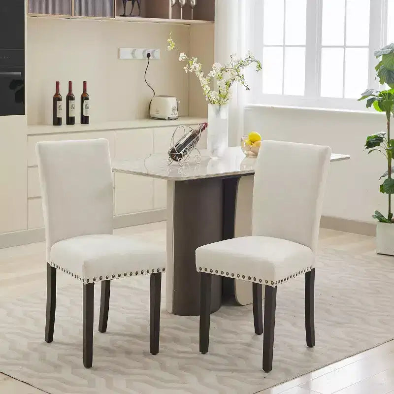 Fabric Upholstered Dining Chairs Set of 2, Modern Parsons Kitchen Chairs with Nailhead Trim and Wood Legs, Padded Accent Chairs
