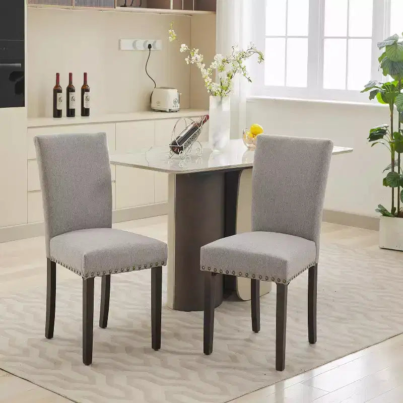 Fabric Upholstered Dining Chairs Set of 2, Modern Parsons Kitchen Chairs with Nailhead Trim and Wood Legs, Padded Accent Chairs