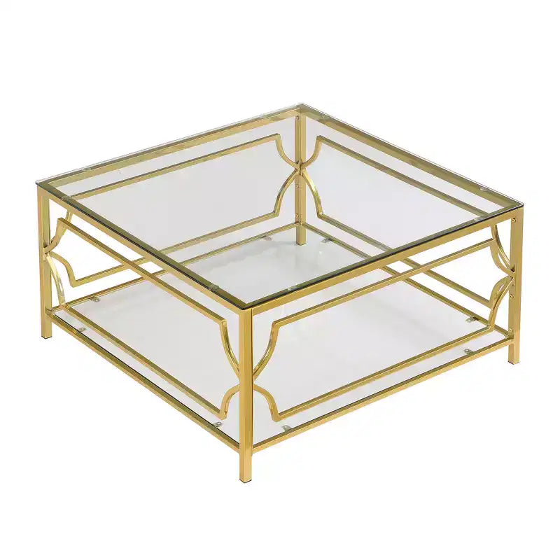 Zeus & Ruta 33.5 Square Glass Coffee Table with Luxe Geometric Metal Frame, Gold Finish & Lower Shelf