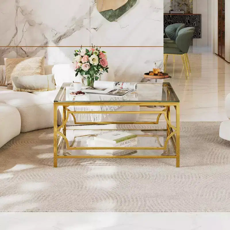 Zeus & Ruta 33.5 Square Glass Coffee Table with Luxe Geometric Metal Frame, Gold Finish & Lower Shelf