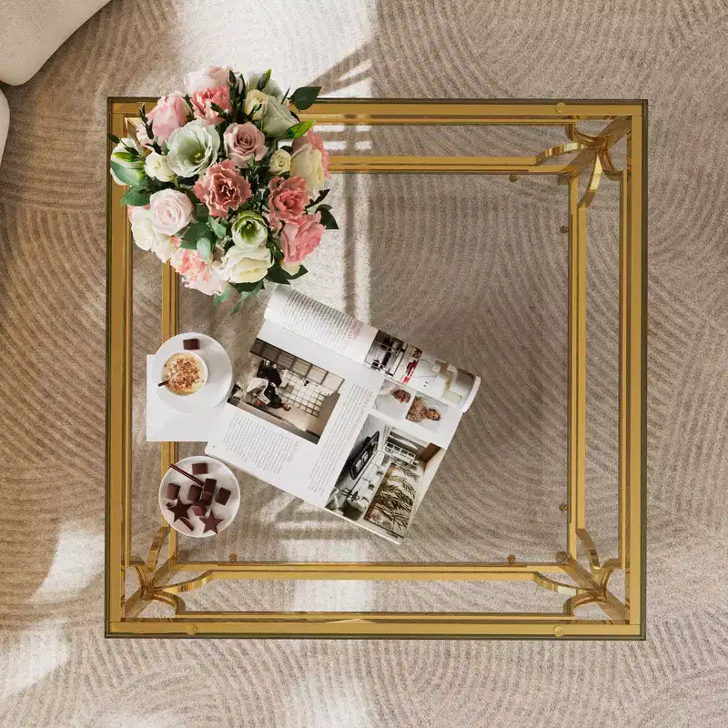 Zeus & Ruta 33.5 Square Glass Coffee Table with Luxe Geometric Metal Frame, Gold Finish & Lower Shelf