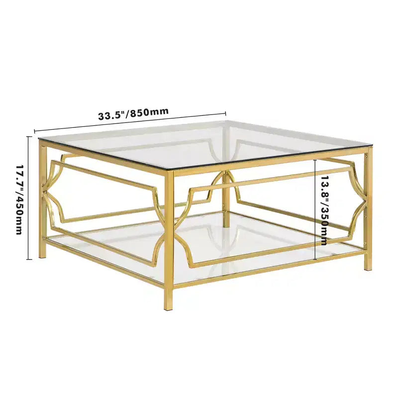 Zeus & Ruta 33.5 Square Glass Coffee Table with Luxe Geometric Metal Frame, Gold Finish & Lower Shelf