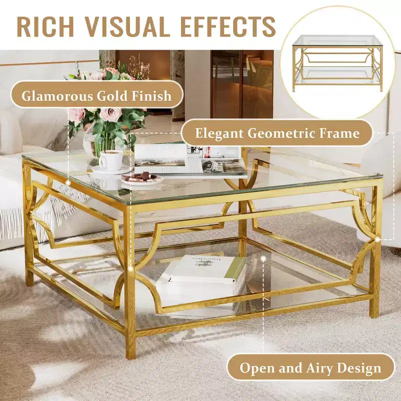 Zeus & Ruta 33.5 Square Glass Coffee Table with Luxe Geometric Metal Frame, Gold Finish & Lower Shelf