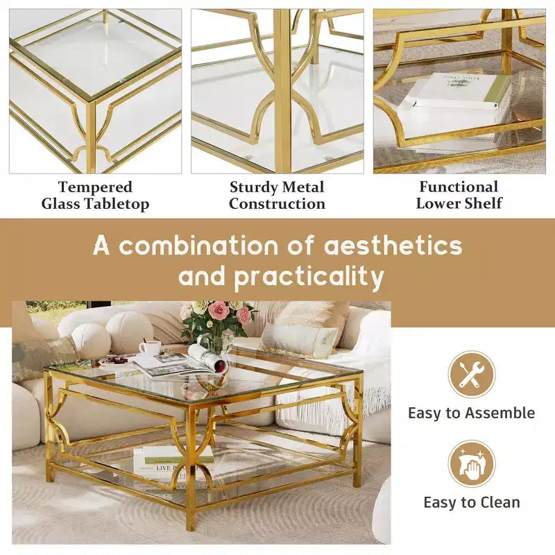 Zeus & Ruta 33.5 Square Glass Coffee Table with Luxe Geometric Metal Frame, Gold Finish & Lower Shelf